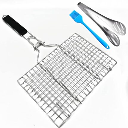 Stainless Steel BBQ Grill Basket With Silicone Brush And Stainless Steel  Barbecue Fish Grill Basket for Outdoor Grill Foldable Vegetable Grilling Rack